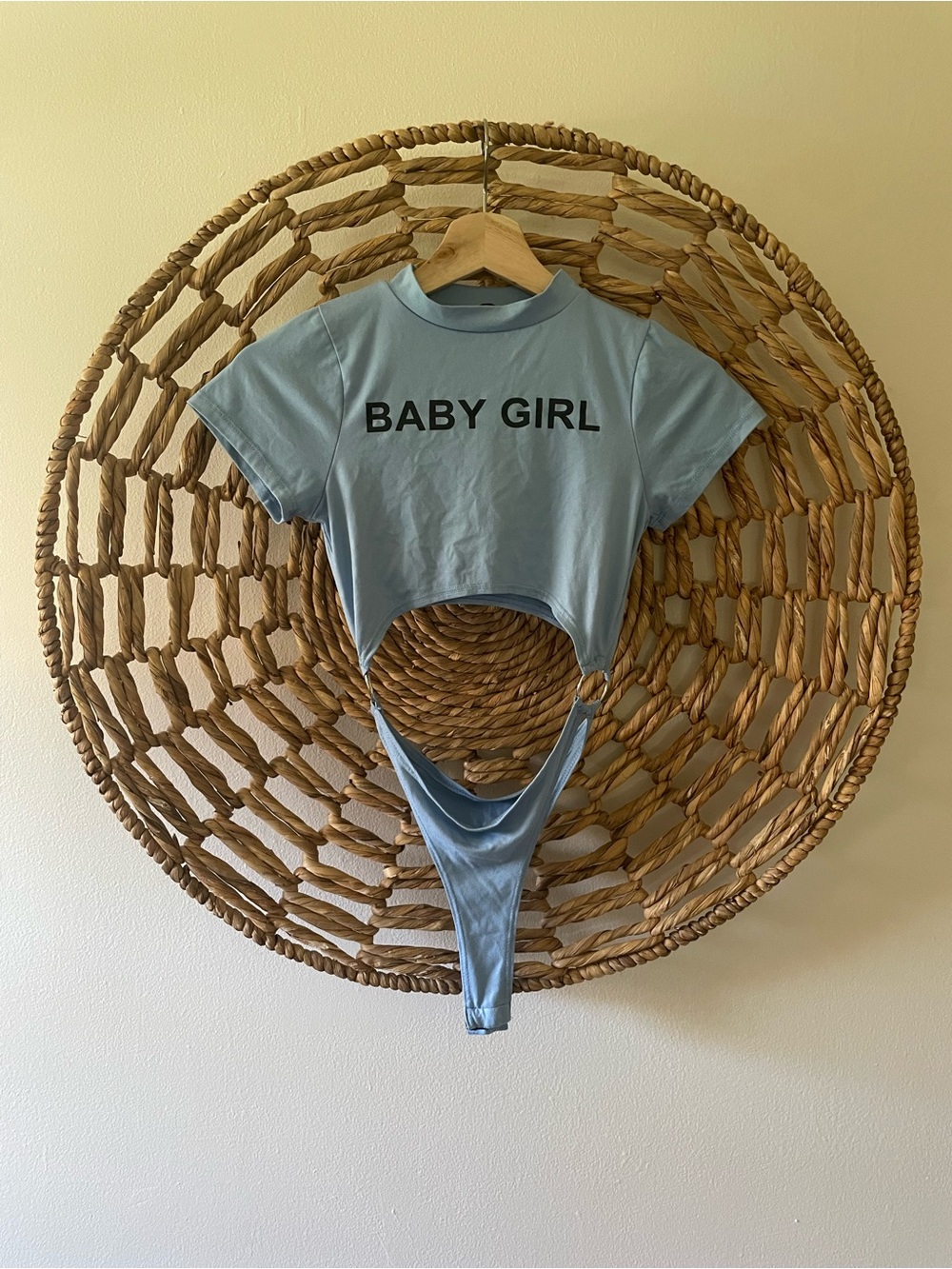 Fashion Nova “BABY GIRL" Light Blue Cutout Bodysuit